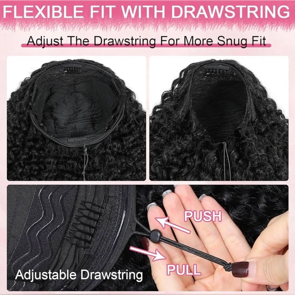Natural Black Kinky Curly Human Hair 26 Inch Glueless Half Wig