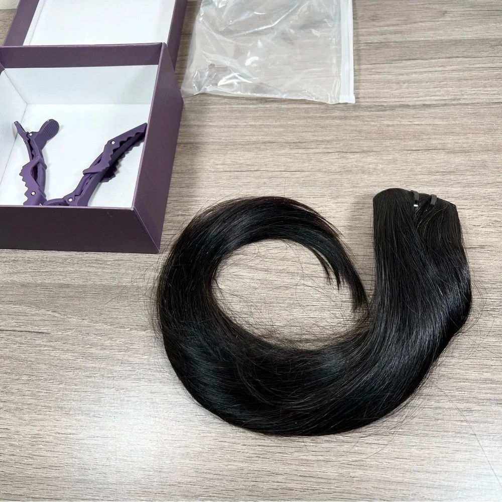 LUVME Natural Black Human Hair Zero Trace Seamless 16” Clip In Hair Extensions