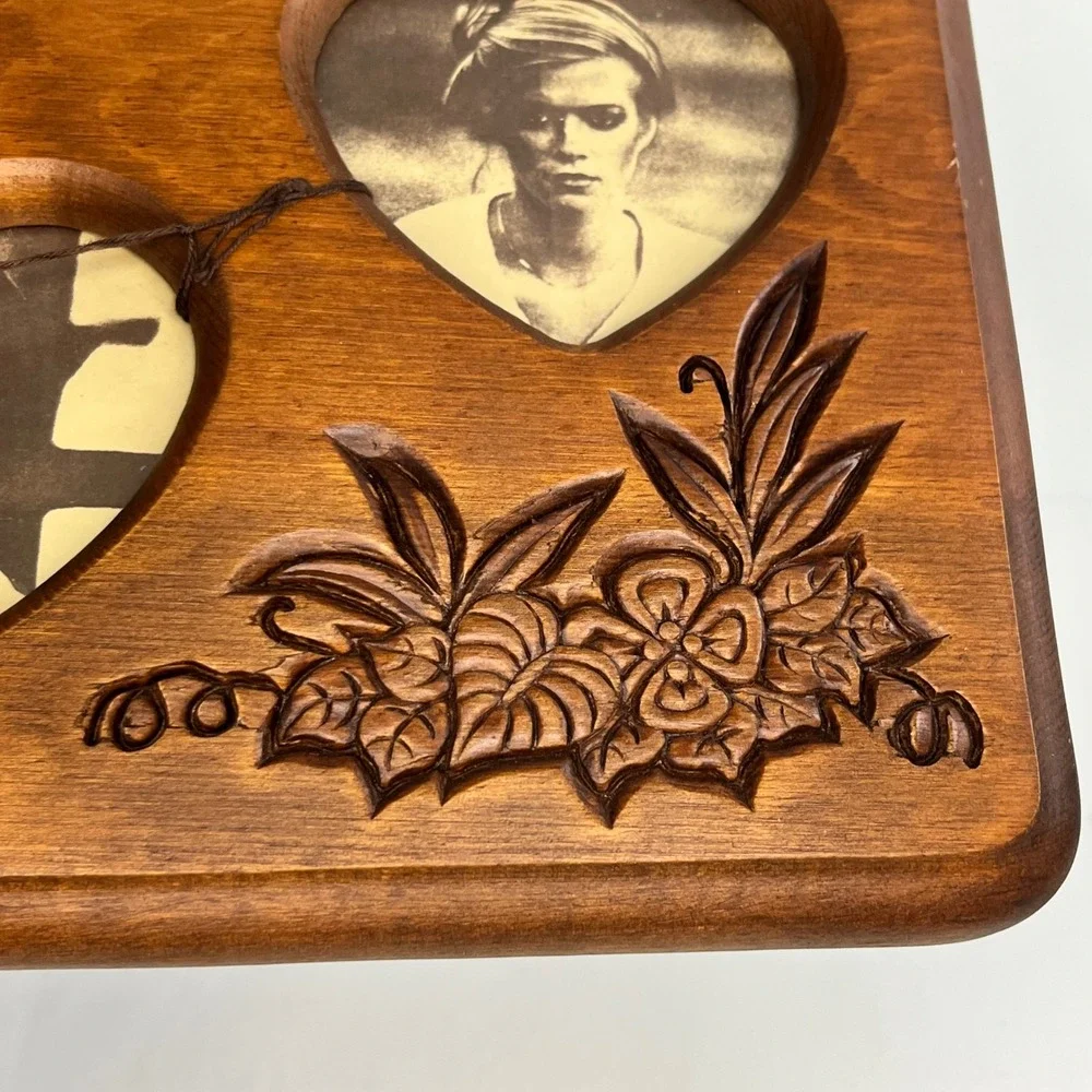 Cape Craftsmen Vintage Wood‎ Double Heart Picture Frame Carved Floral Plaque 9x7