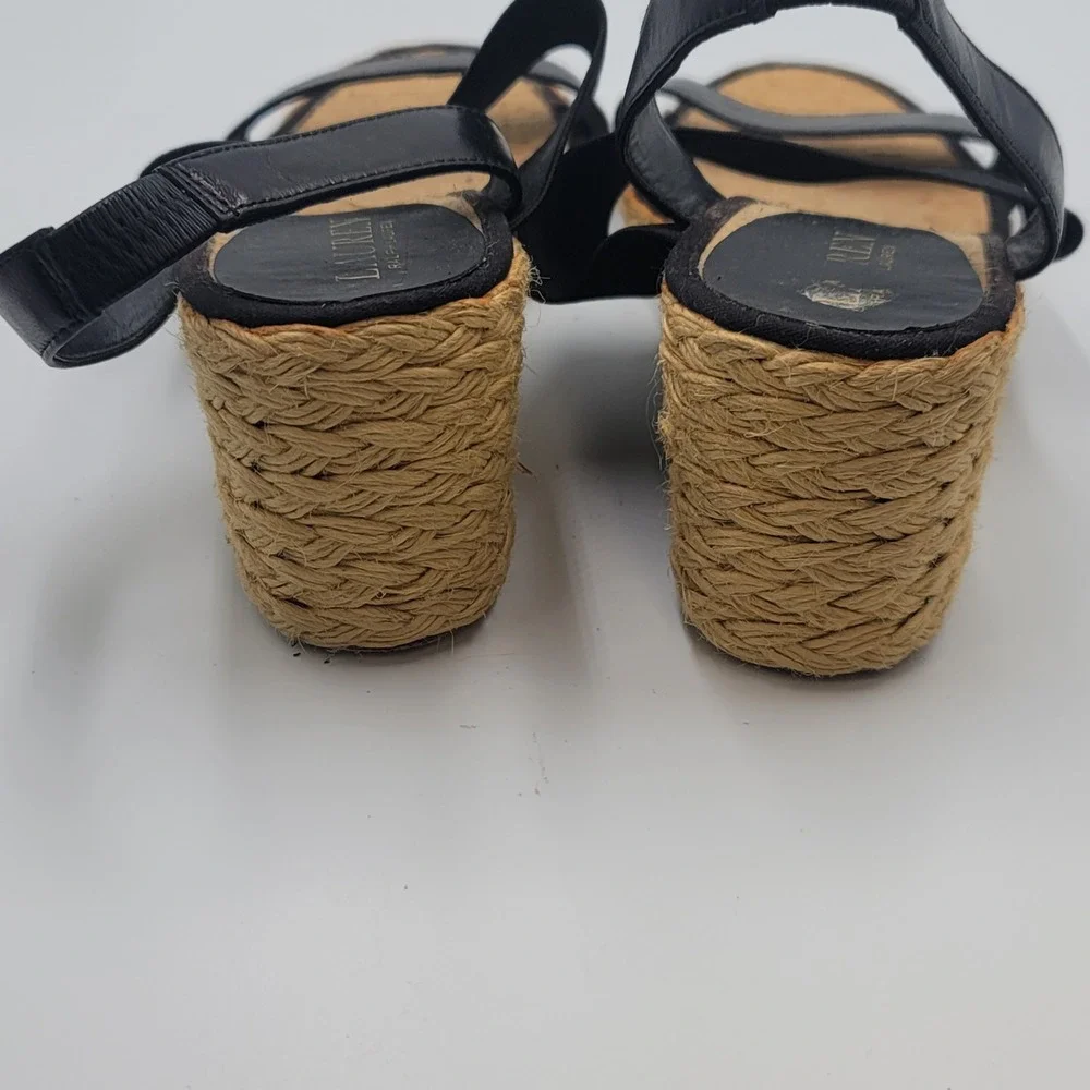 Lauren Ralph Lauren Carminda Black Leather Espadrille Wedge Sandals Womens 10B