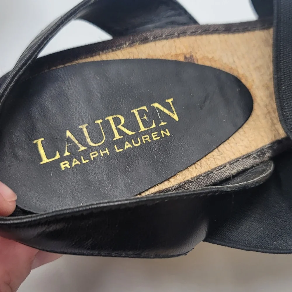 Lauren Ralph Lauren Carminda Black Leather Espadrille Wedge Sandals Womens 10B