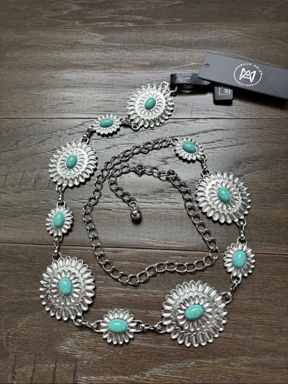 Marcus Adler metal chain belt oval turquoise stone round, Concho