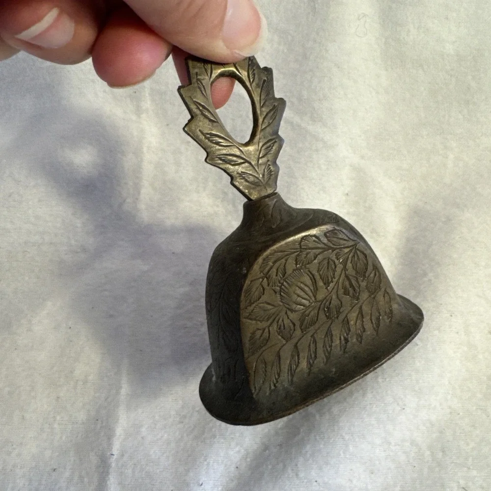 VTG Etched Brass Hand Bell - India - Floral Leaf Design - Boho Decor - 4