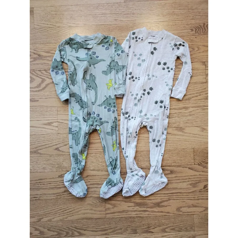 Carter's Boys 2T Footed Zipped Long Sleeve Pajamas Set of 2 Dinosaurs VGUC