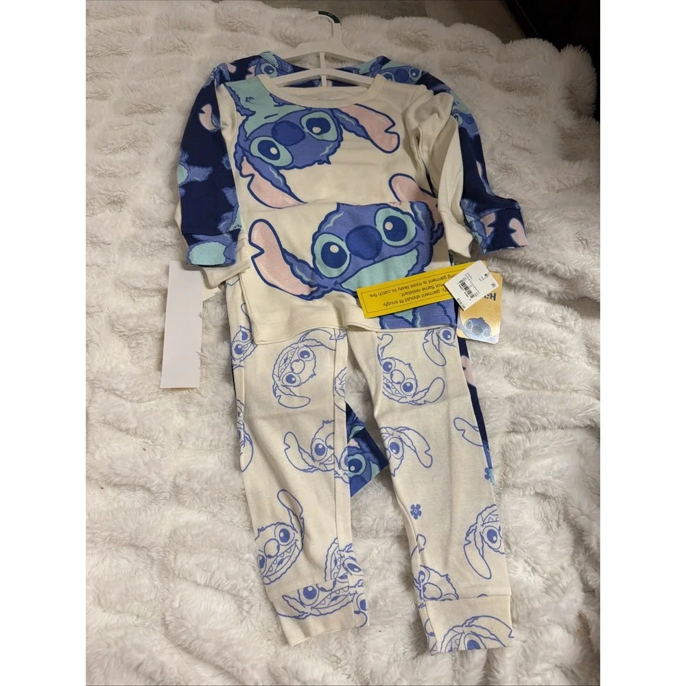 NWT Lilo & Stitch Snug Fit 4Pcs Cotton Long Sleeve Pajama Set Blue/White Size 4T