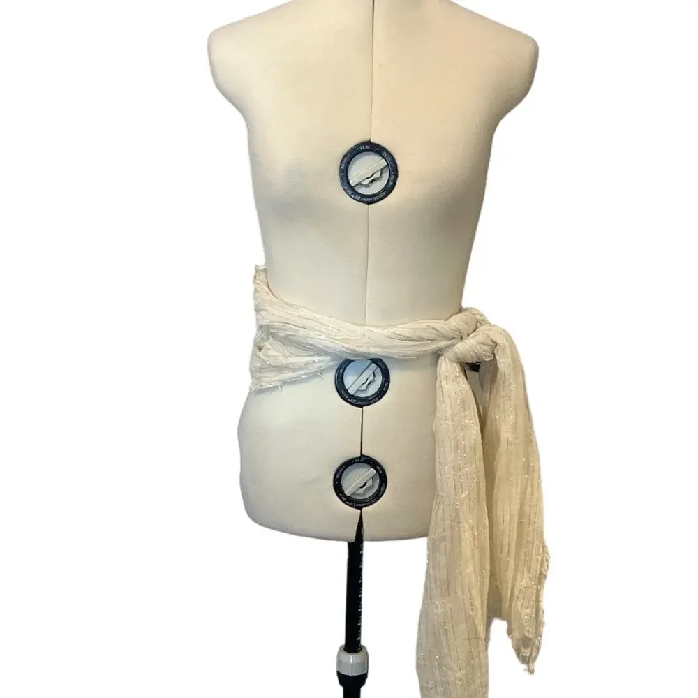 Sheer Cream Scarf with Raw Edge Hem and Silver Threads
