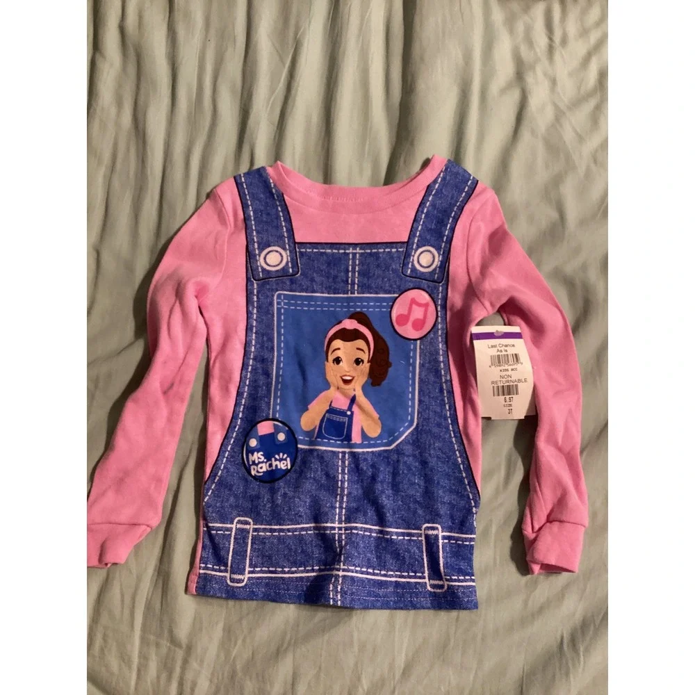Ms. Rachel Toddler Girls Pink‎ Long Sleeve Graphic Tee Faux Overalls Shirt 3T