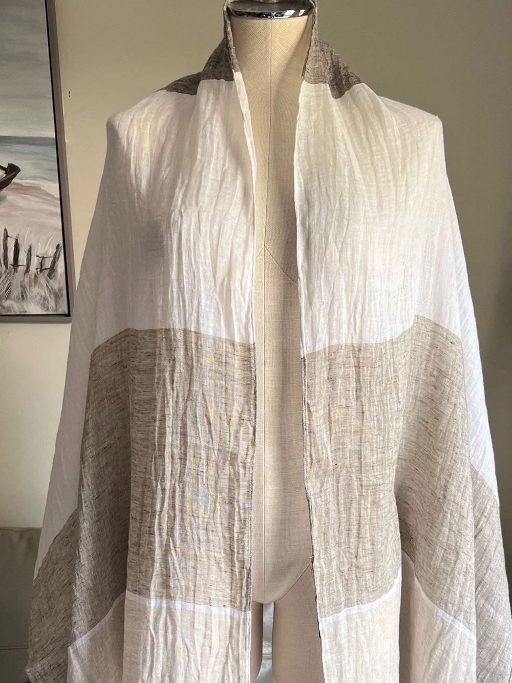 Pepito’s 100% Linen Scarf Made in Italy Lightweight White and Taupe Woven Shawl
