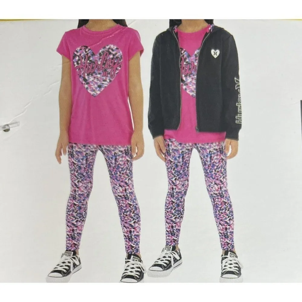 Hurley Girls Size 5 Kids' 3-piece Set  BLACK Active set Zip Hoodie, Tee, Legging
