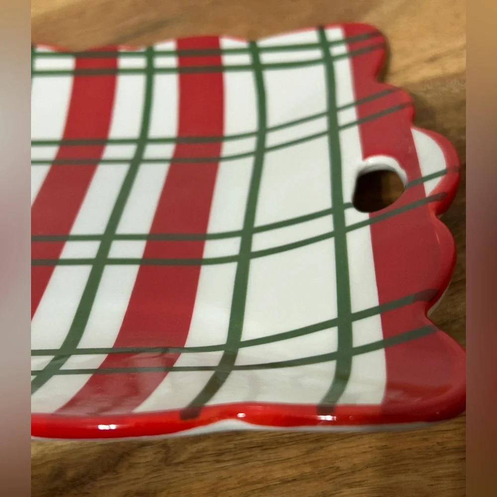 Sleigh Bell Bistro Ceramic Serving Tray Christmas Plaid Red Green 11.5” NEW