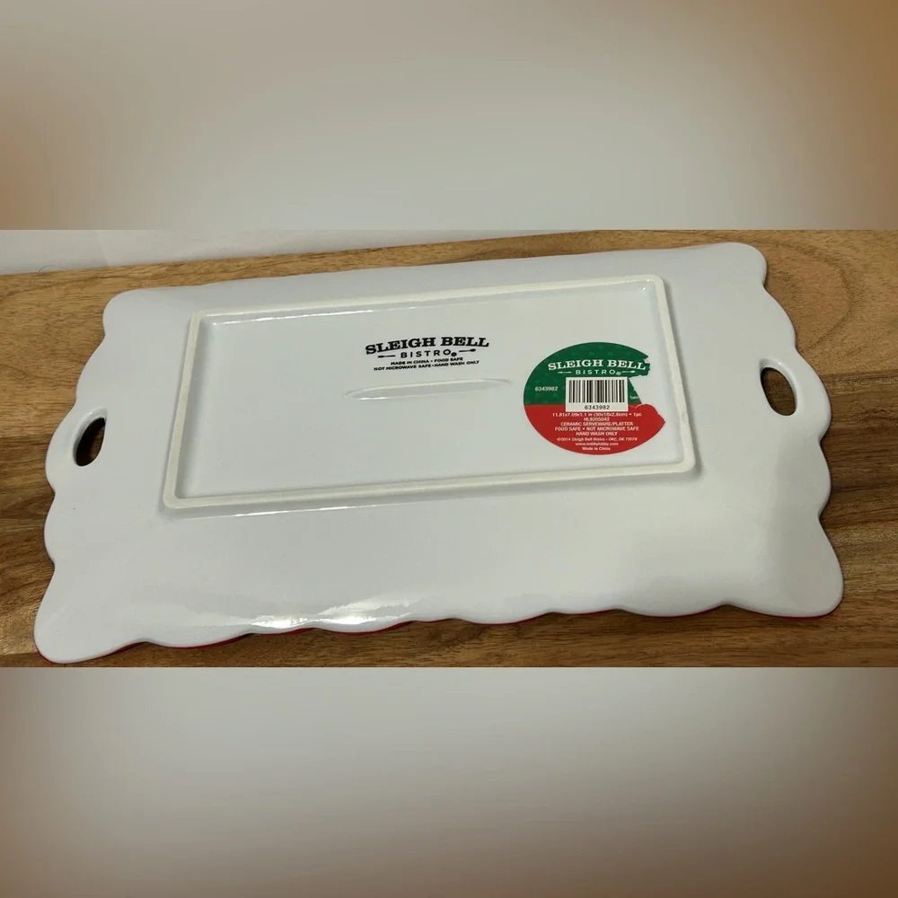 Sleigh Bell Bistro Ceramic Serving Tray Christmas Plaid Red Green 11.5” NEW