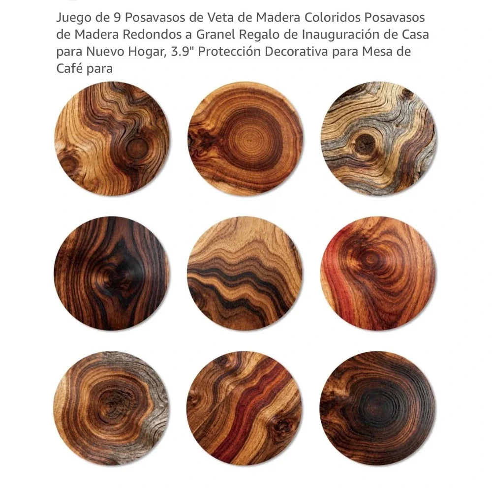 9 Piece Set Round Wood Grain Coasters Rustic Natural Decorative Table Protection