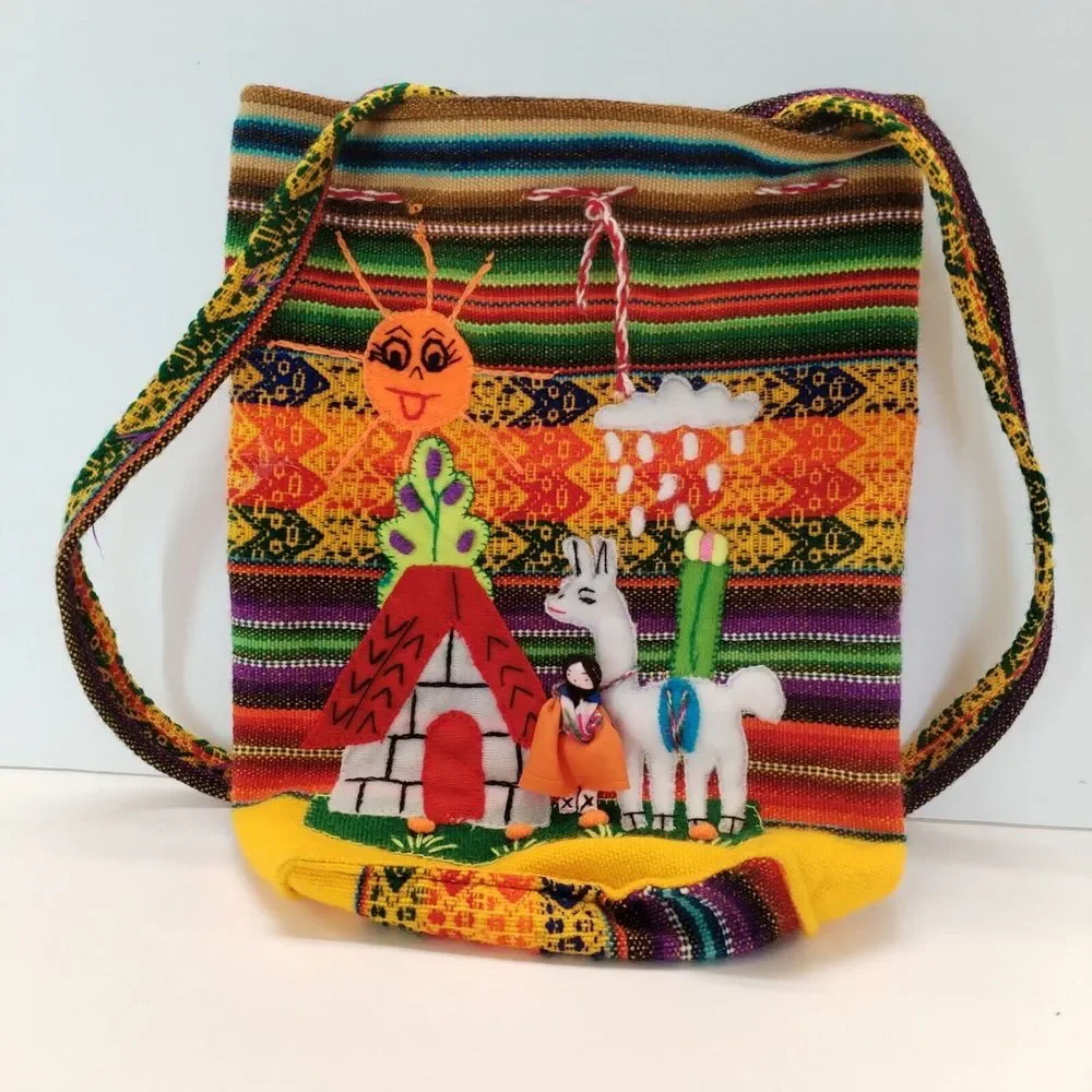 Peruvian Mini Small Backpack Embroidery‎ Llama Girl Sun Woven Knapsack Purse Red