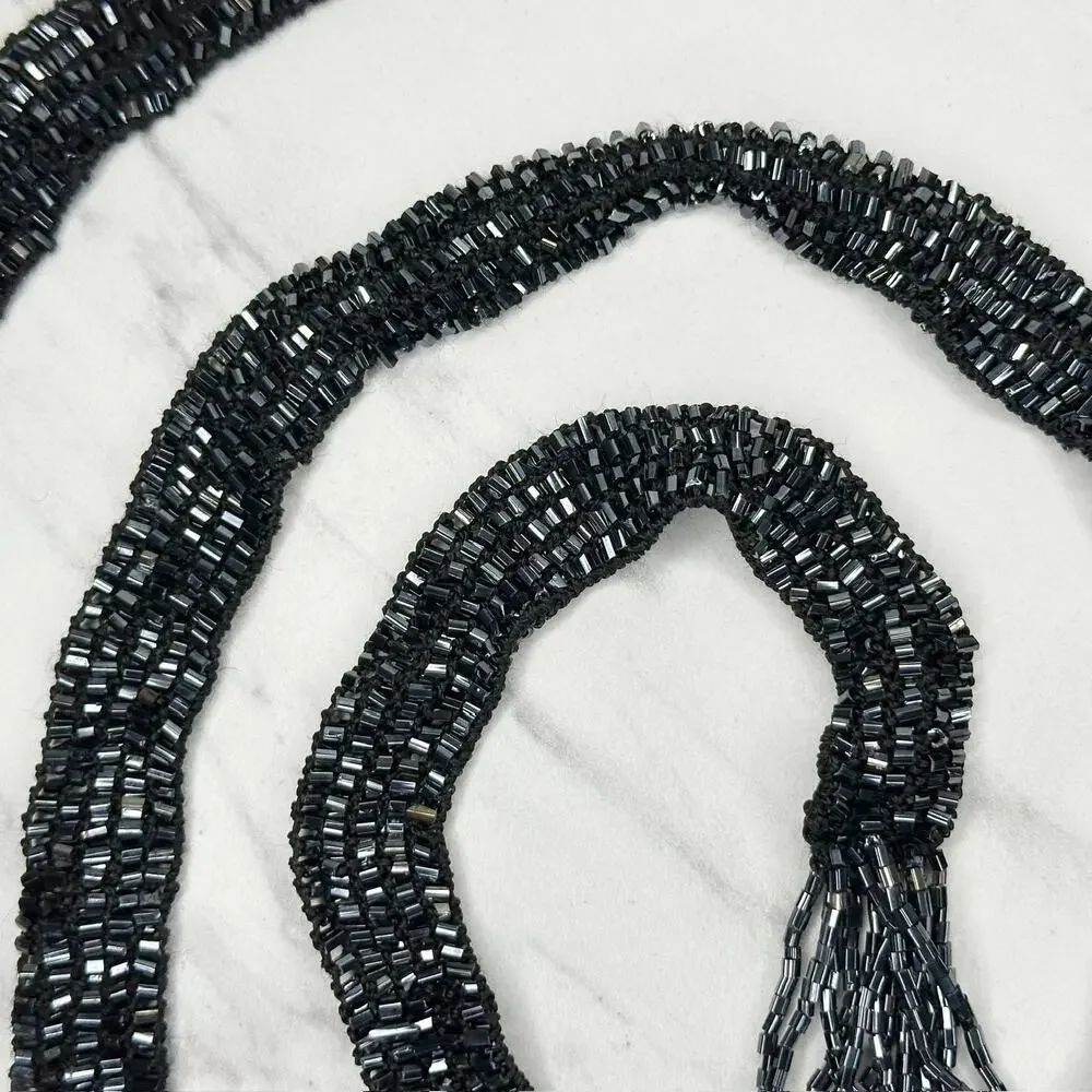 Black Beaded Tie Belt Fringe Tassel OS ✨