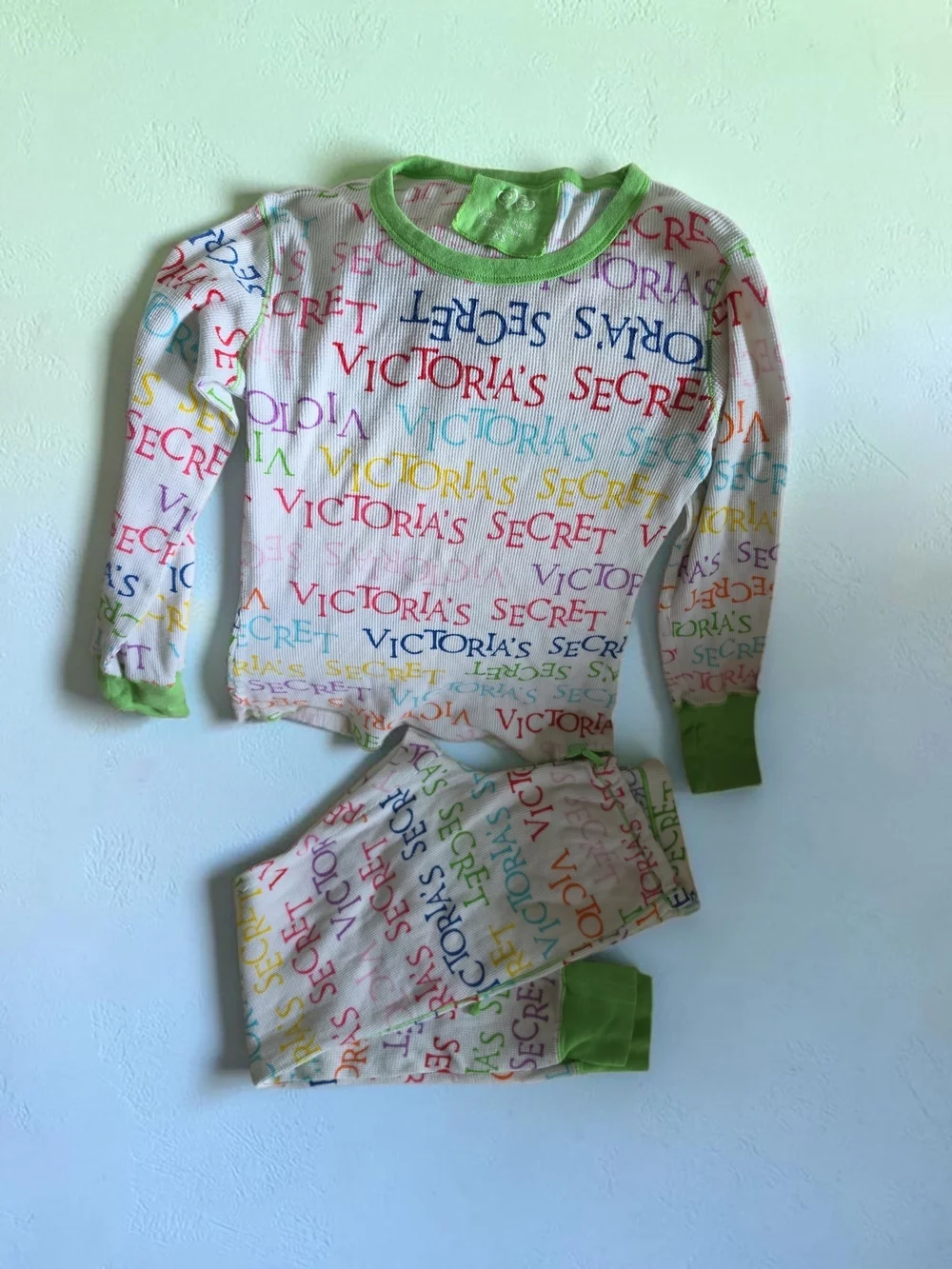 Victoria's Secret White Multicolor Logo Kids Pajama Set with Green Trim