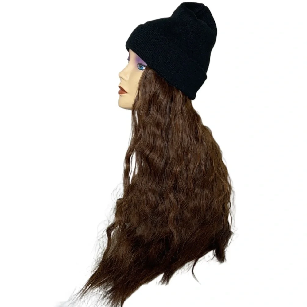 Long Curly Wavy Brown Hair Beanie Wig • Black Knit Hat Attached Extensions 30”
