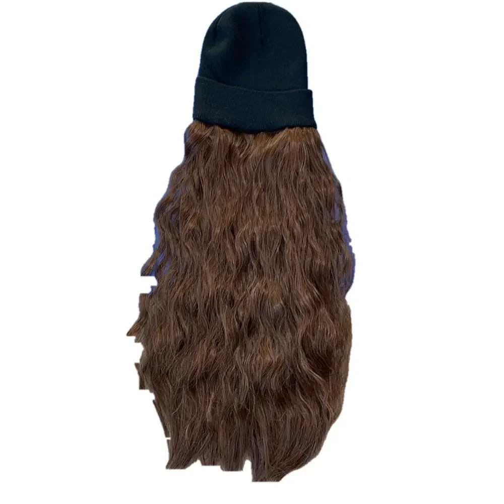 Long Curly Wavy Brown Hair Beanie Wig • Black Knit Hat Attached Extensions 30”