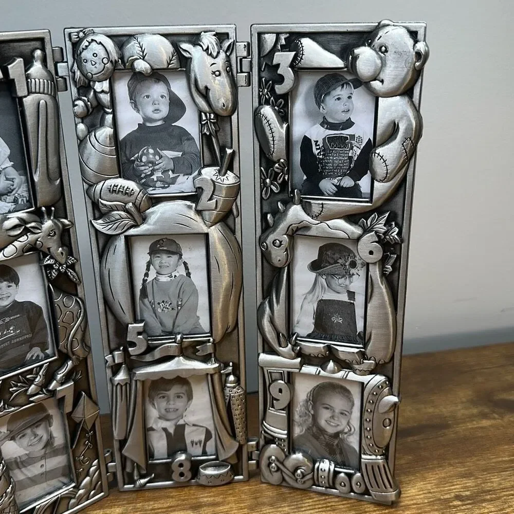 Pewter‎ Photo Frame Tri Fold Multi Photo Collage  Hinged 10.5” First Nine Years