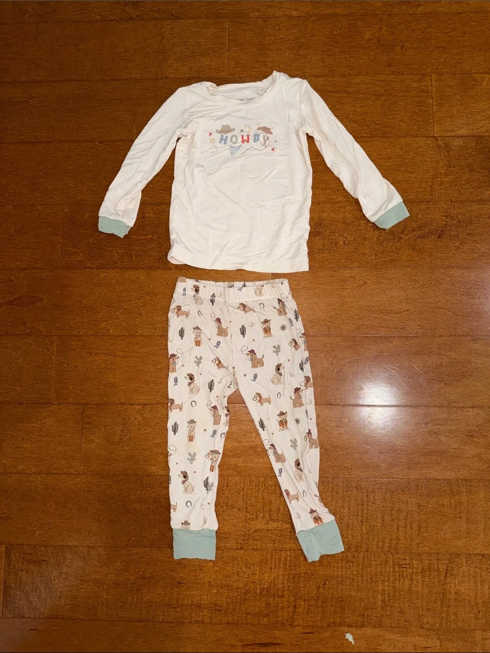 Angel Dear Cream Pajama Set with Mint Cuffs and Desert Animal Print