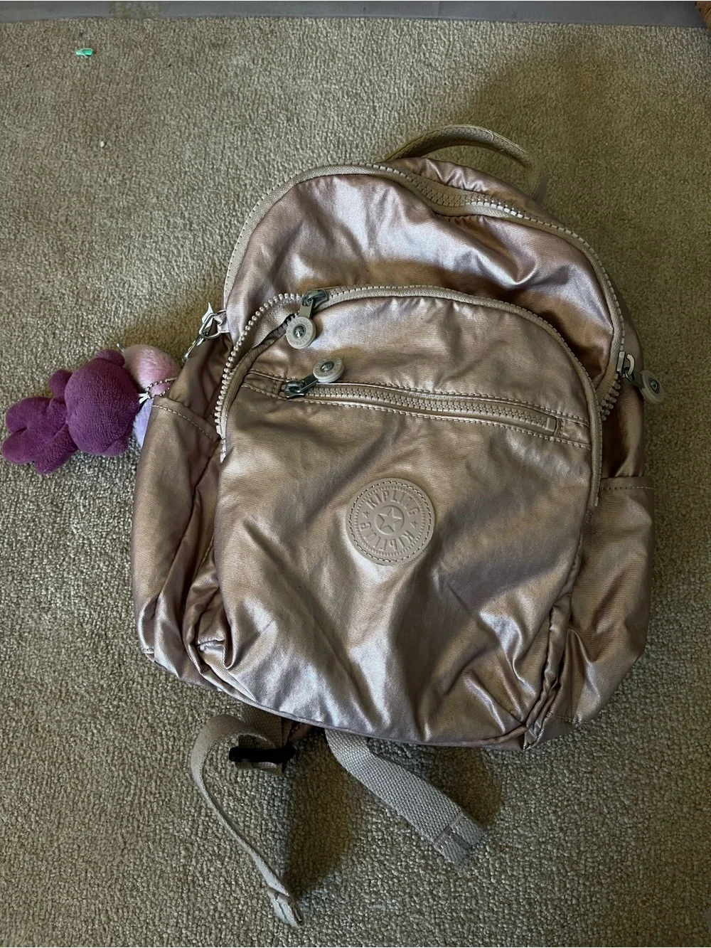 Kipling Metallic Rose Backpack with Purple Plush Charm