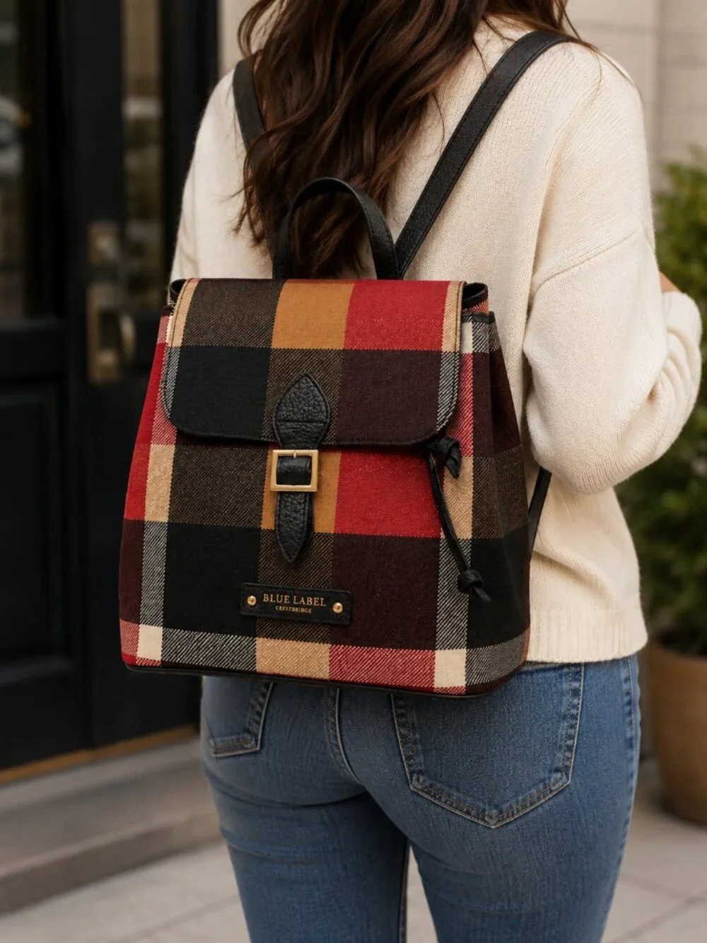 Blue Label Crestbridge Small Plaid Backpack – Red, Black, Tan and Cream