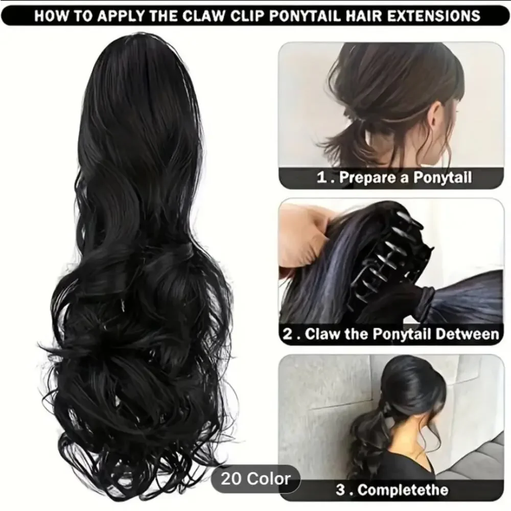 Black Pony Tail Hair Claw Hair Extension Piece 22”