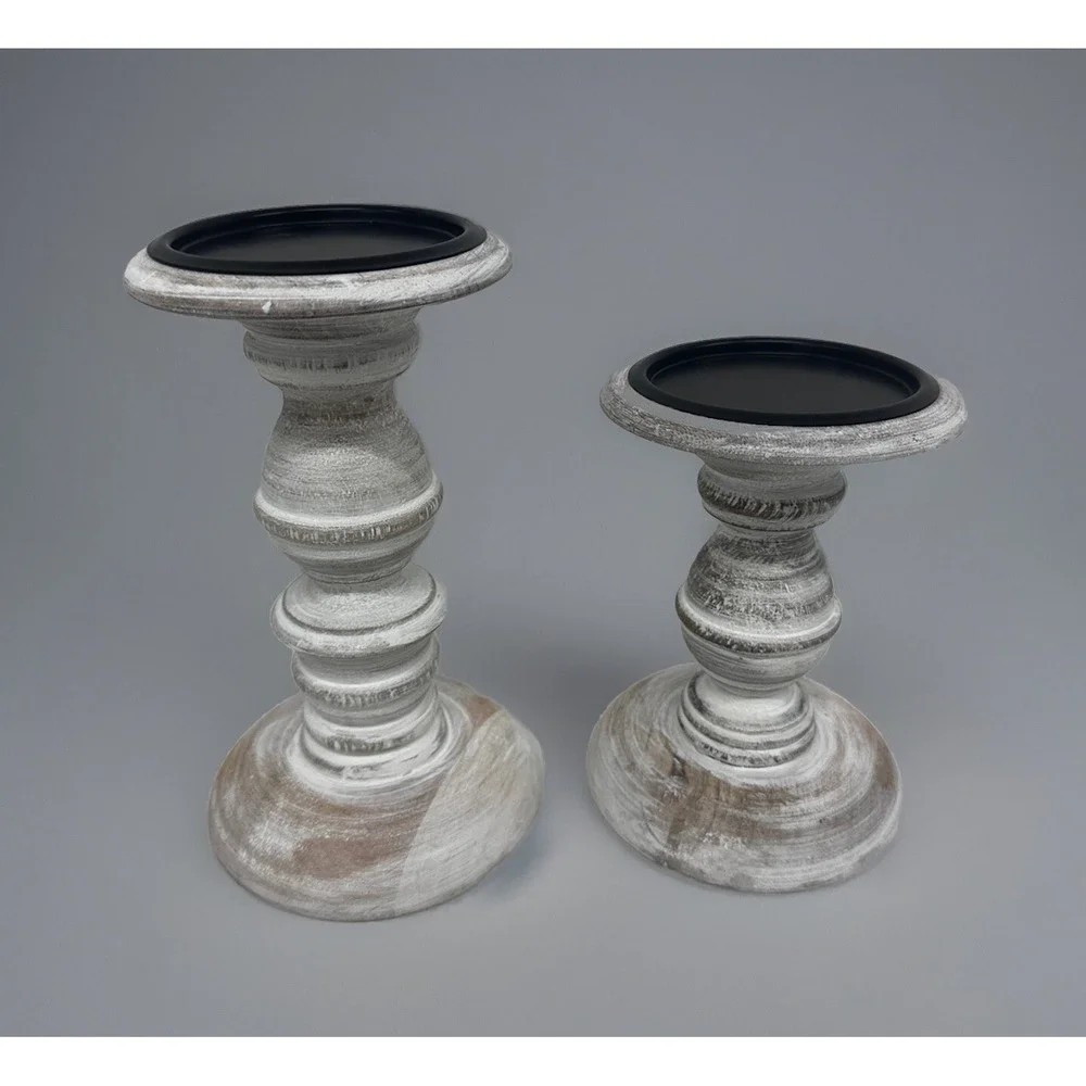 Set Of 2 India Hand Carved Wood Chapel Pillar Candle Holder 6