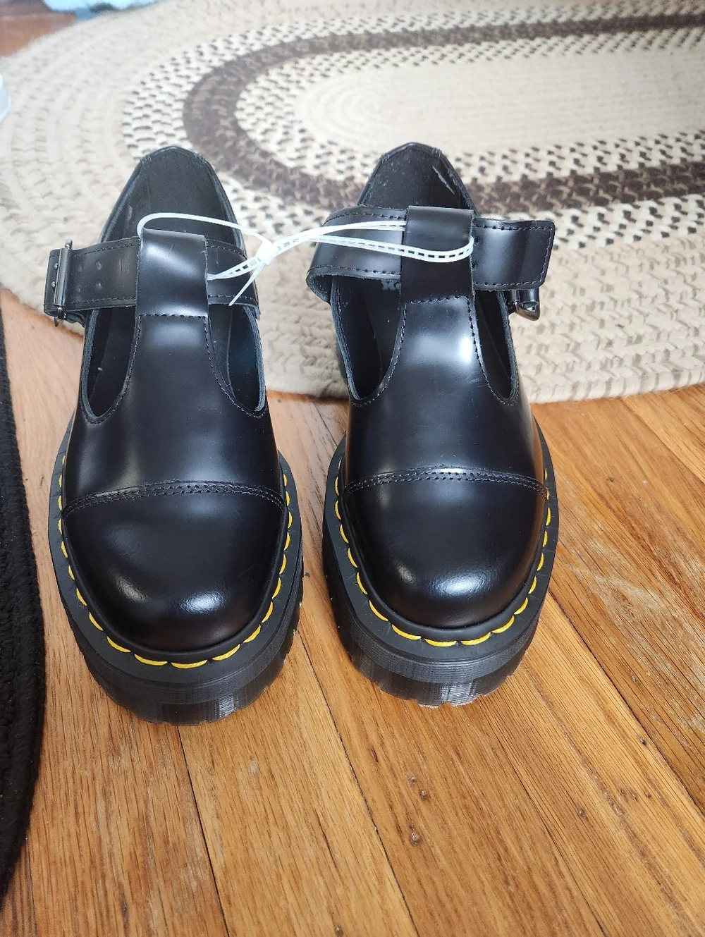 Dr. Martens Bethan Black Mary Jane Shoes with Yellow Stitch Accent