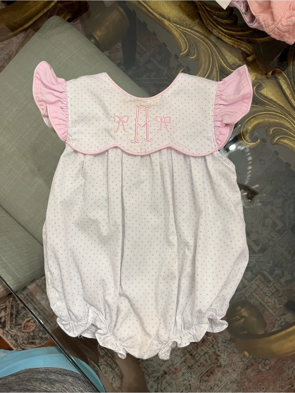 Pink & White Baby Girls' Dot Romper with Ruffle Sleeves “A” monogram