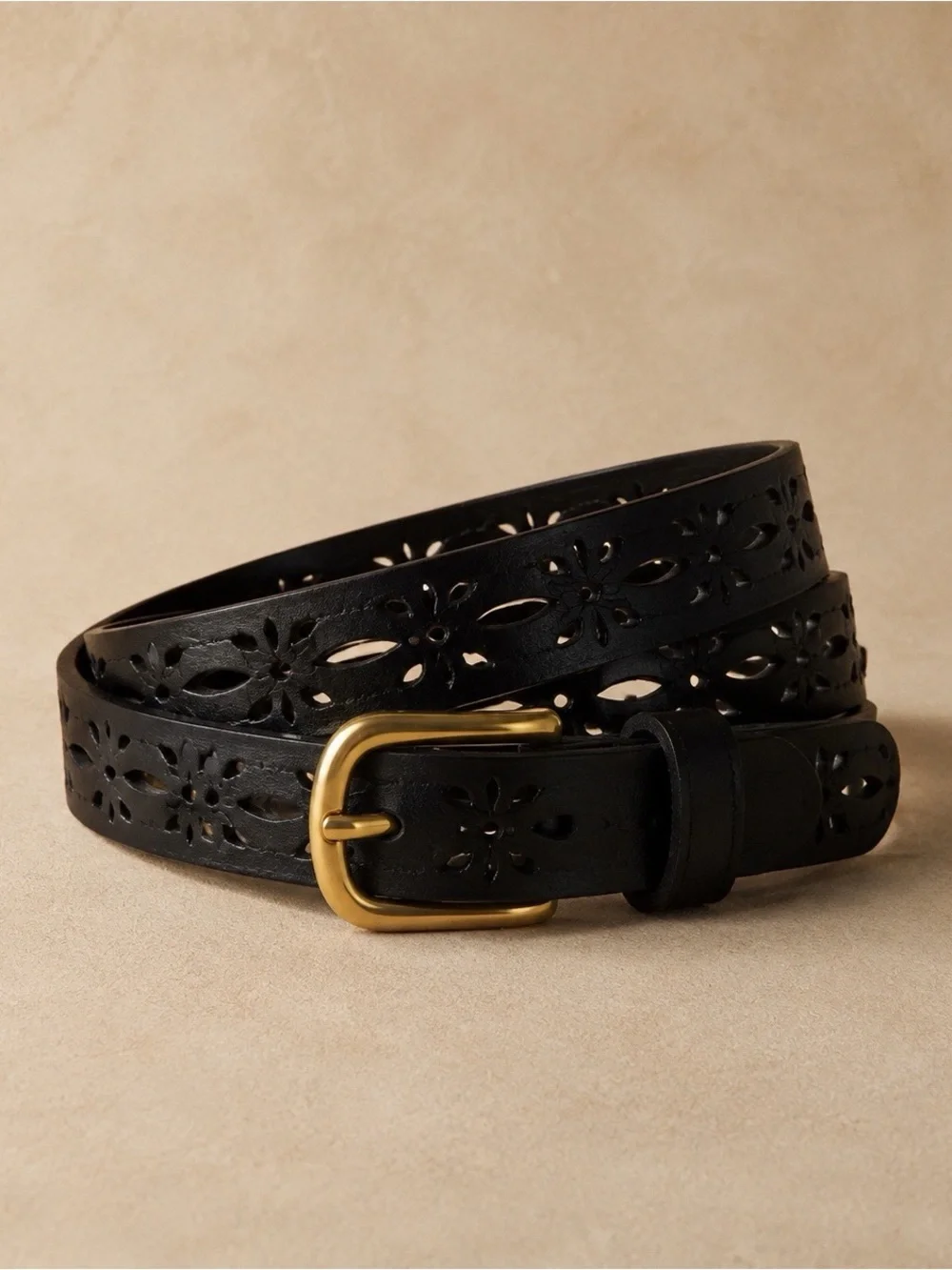 New Women's Black Laser-Cut Leather Belt with Gold Buckle