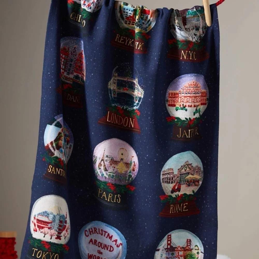 NWT Anthropologie Snow Globe Travel Christmas Kitchen Towel