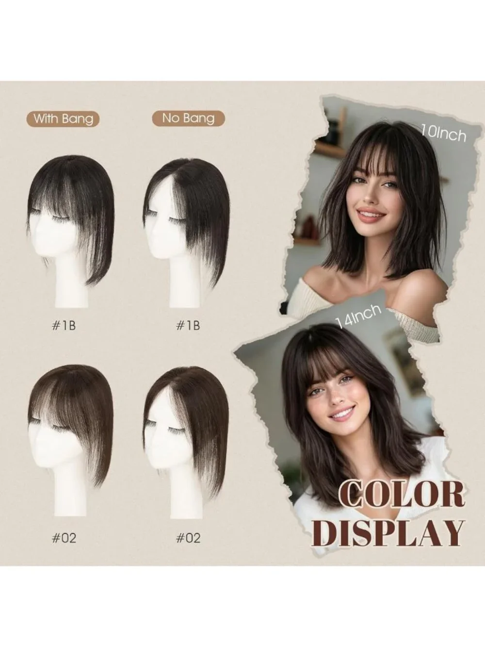 360° 3D Human Hair Topper for Thinning Hair - Ultra Thin Clip-In Bangs, 12 Inch
