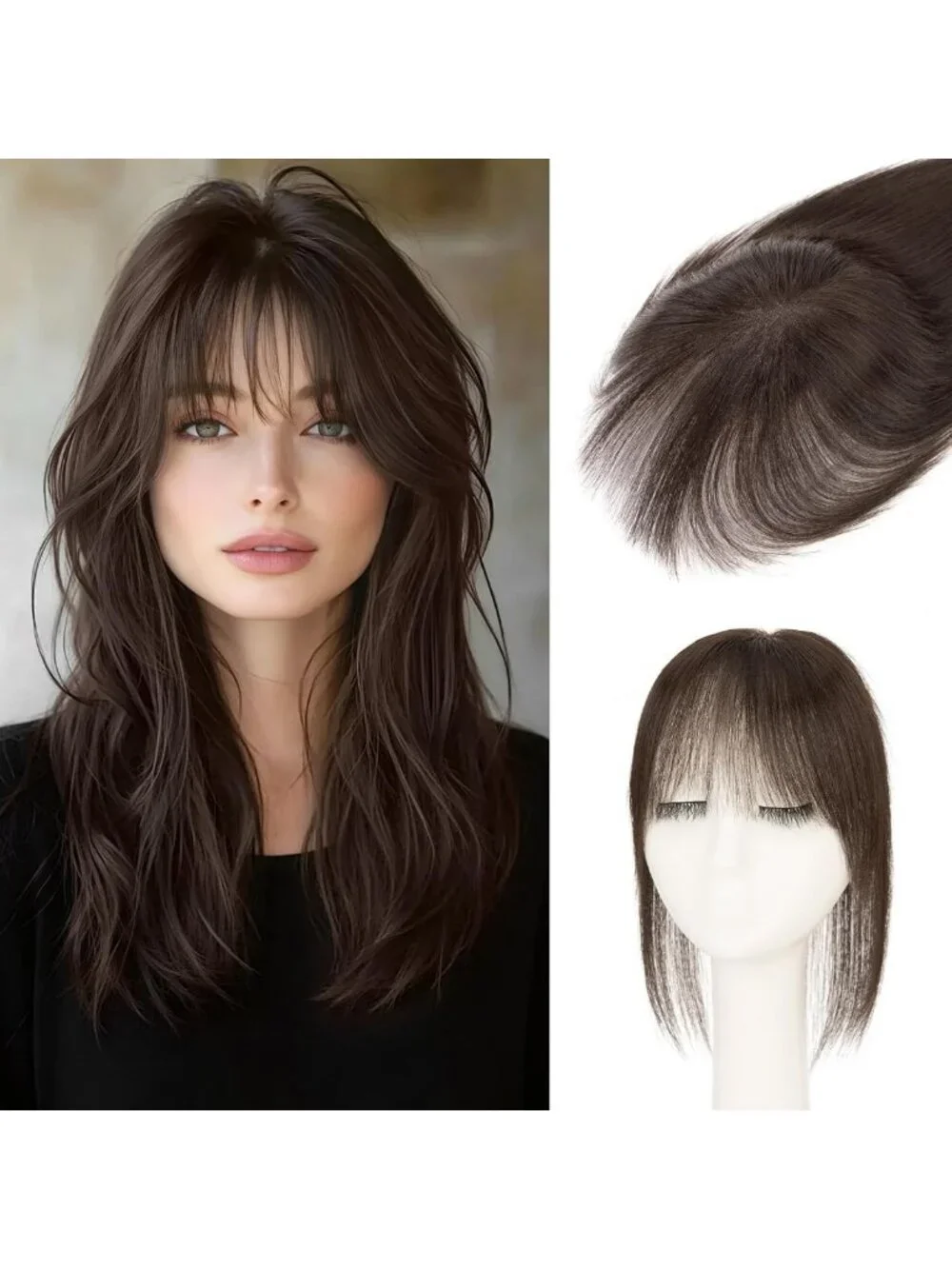 360° 3D Human Hair Topper for Thinning Hair - Ultra Thin Clip-In Bangs, 12 Inch