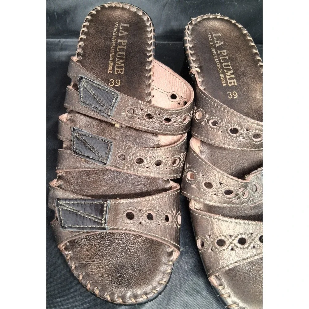 La Plume Metallic Bronze Leather Wedge Slide Sandals Adjustable Straps Size 39