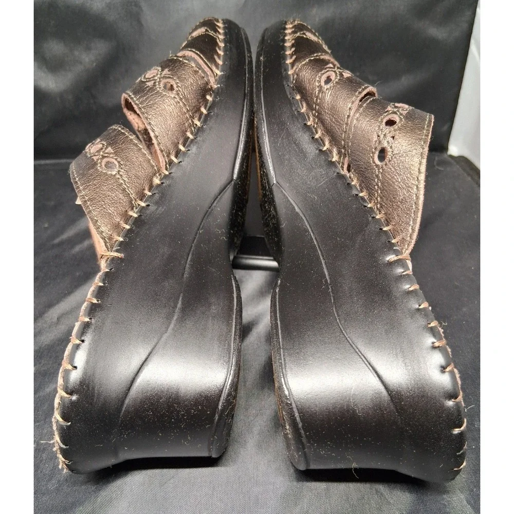La Plume Metallic Bronze Leather Wedge Slide Sandals Adjustable Straps Size 39