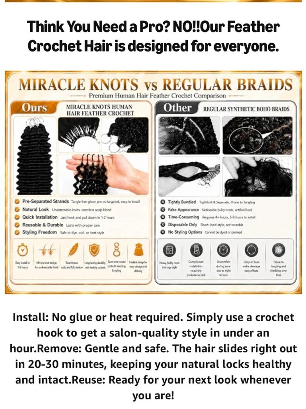 HUMAN HAIR Miracle Knots Feather Crochet Hair 1B