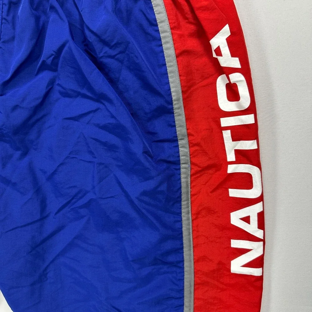 Vintage Nautica Competition Swim Trunks Mens Large Red Blue Spellout Nylon Short