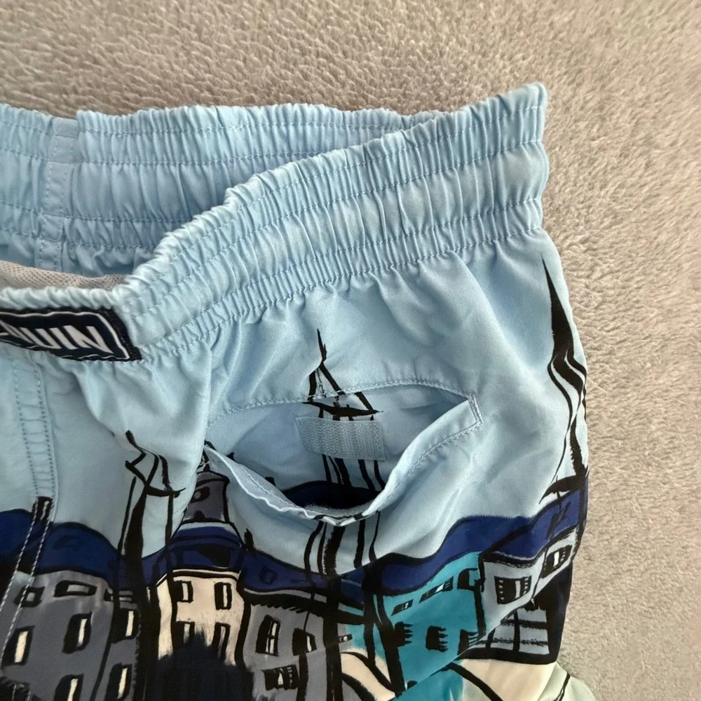 Vilebrequin Mens Moorea Swim Shorts Large Blue Harbor Sailboat Graphic Trunks