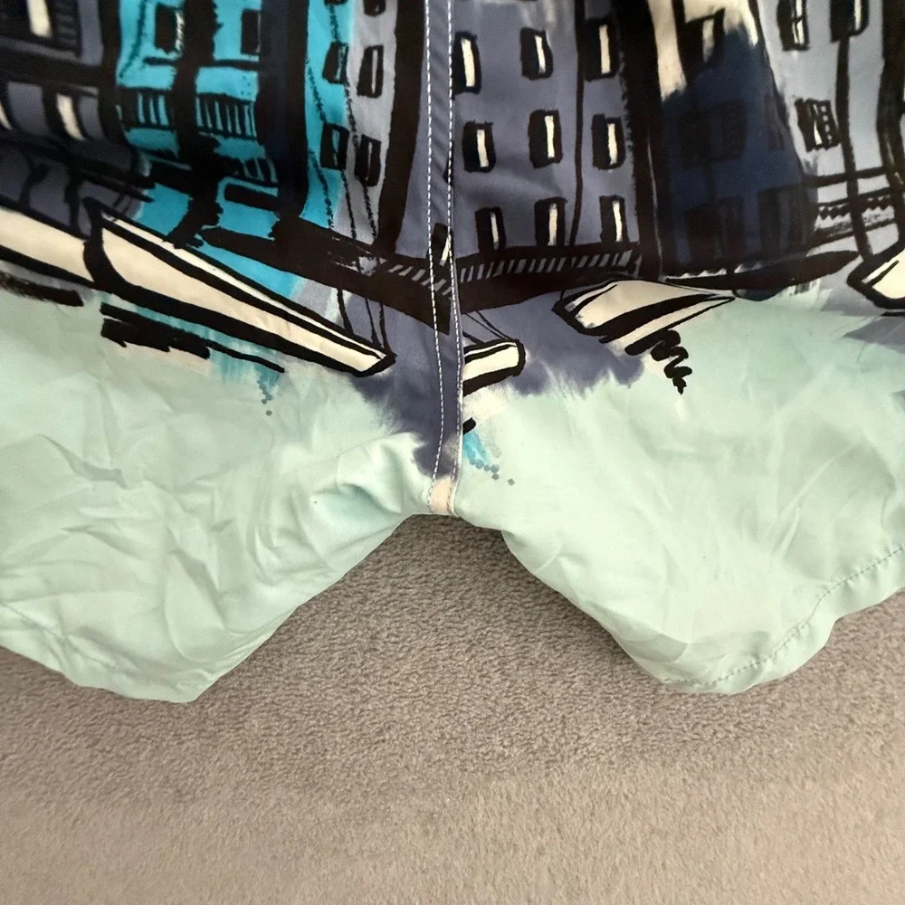 Vilebrequin Mens Moorea Swim Shorts Large Blue Harbor Sailboat Graphic Trunks