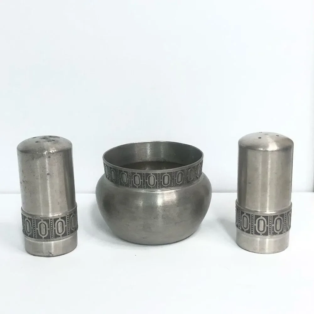 pewter selandia norway art deco design sugar salt and pepper shakers classic mod