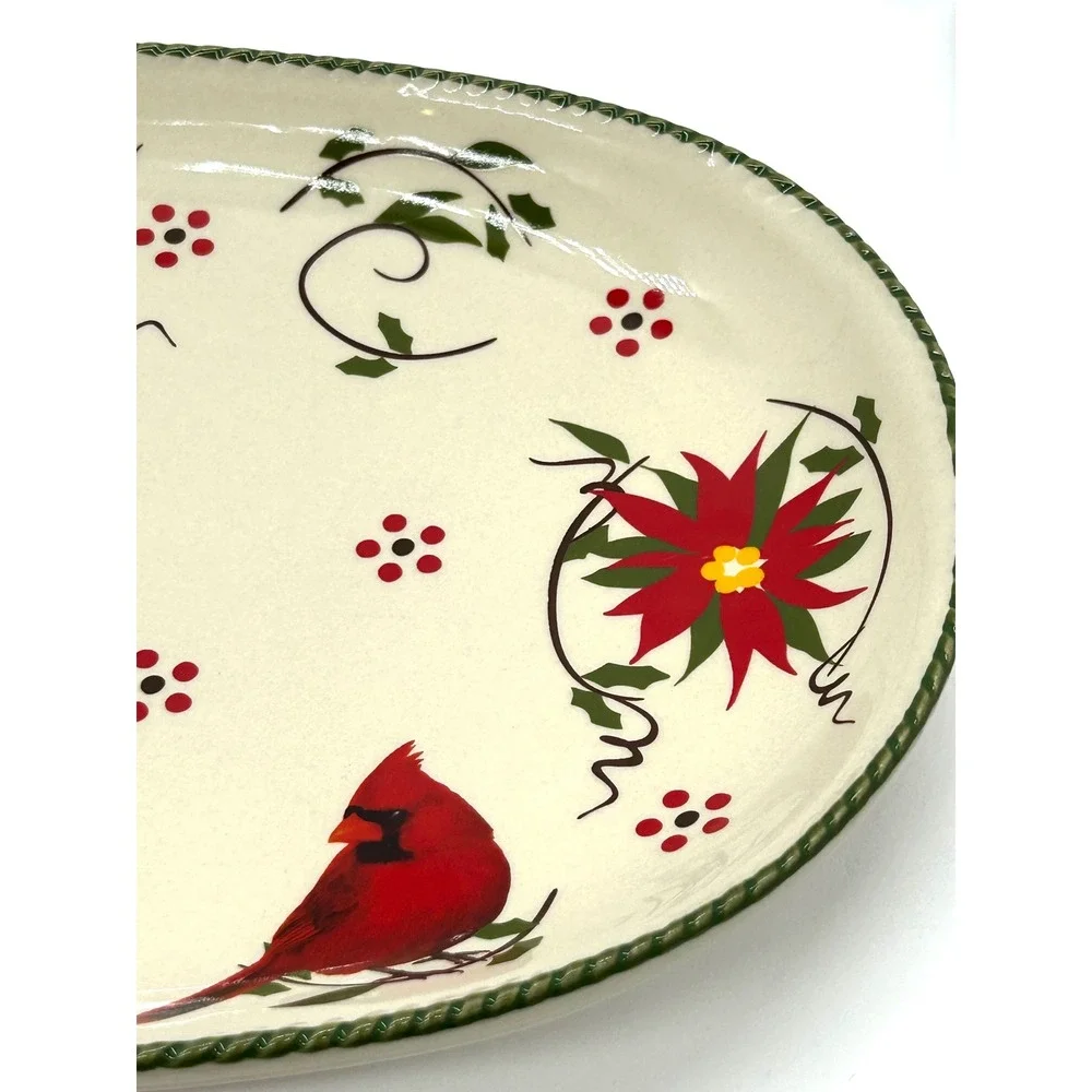 Temp-tations by Tara Winter Whimsy Cardinal Poinsettia Oval Serving Platter 12in
