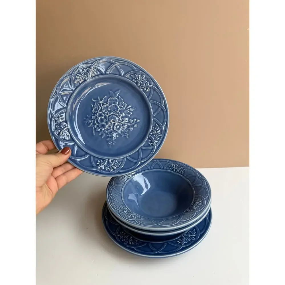 Bordallo Pinheiro Set of Two Blue Floral Arches Bowl and Salad Plate Set