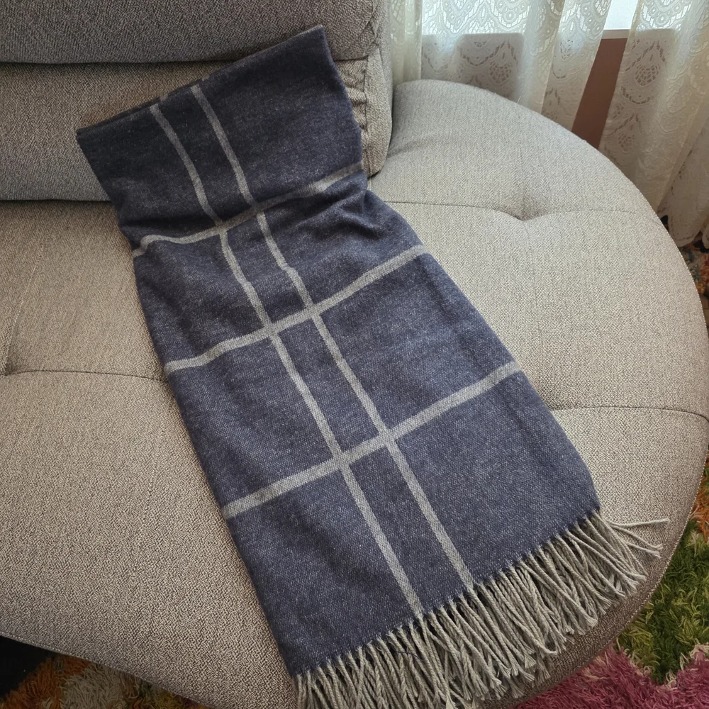 Nido Notte Italian Knit Blanket Plaid Dusty Blue Cotton Blend Soft Throw