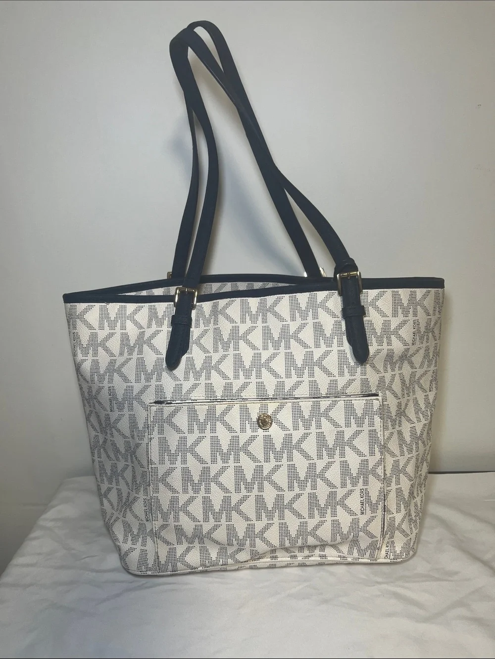 Michael Kors White and Blue MK Logo Tote