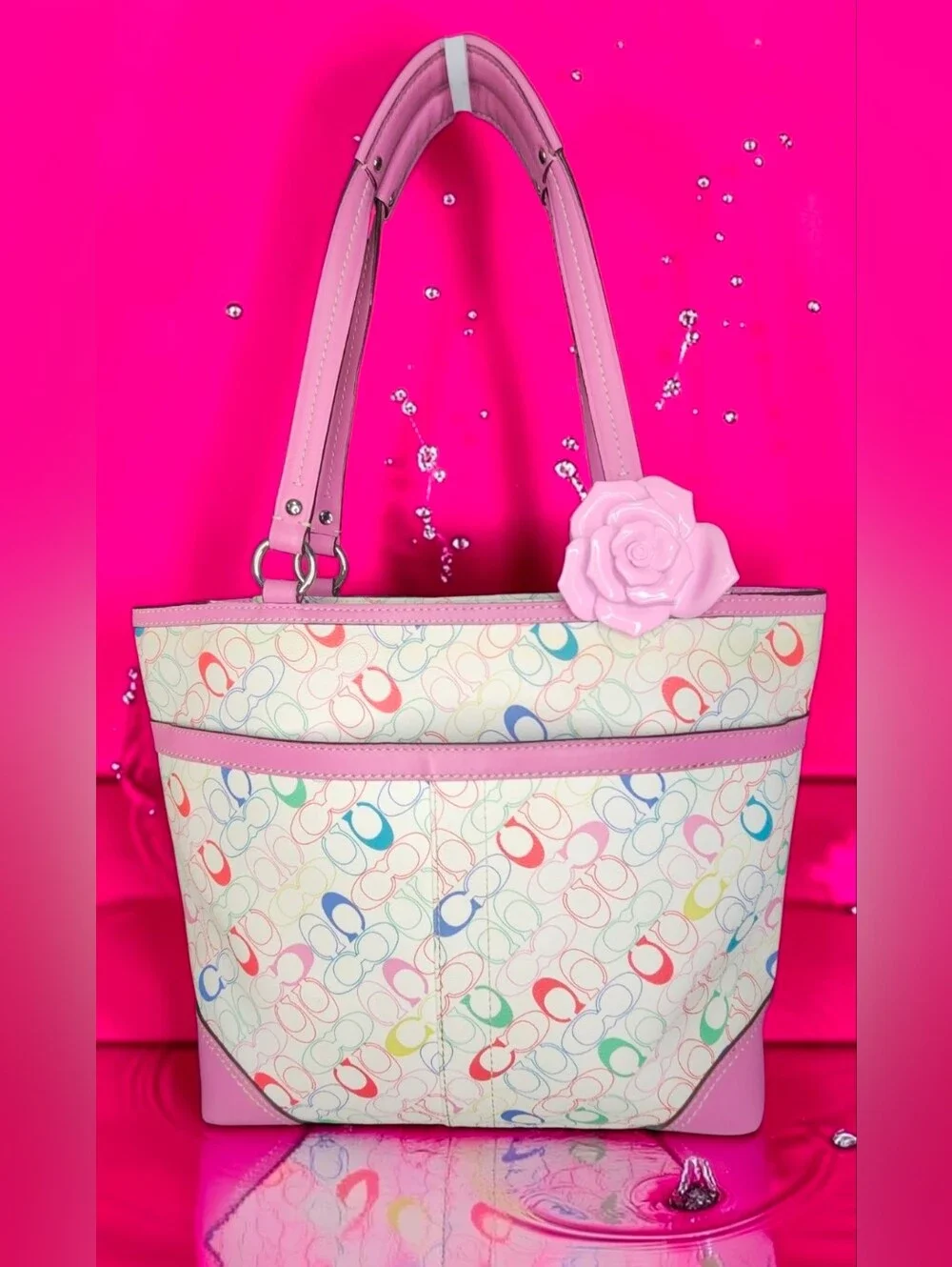 Vintage Y2K Coach Heritage Chelsea Pink Trim Multicolor Signature Tote F16874