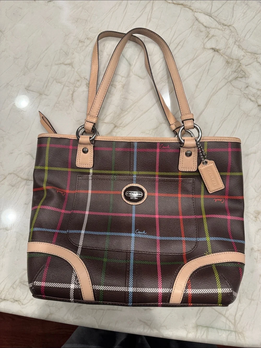 Coach Brown Plaid Tote with Multicolor Check and Tan Trim