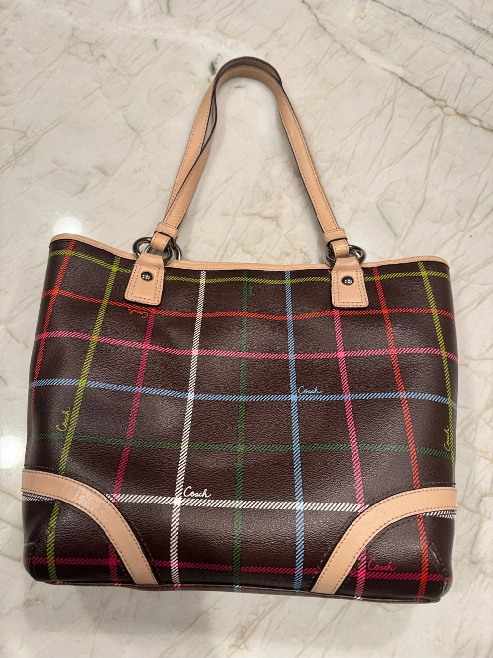 Coach Brown Plaid Tote with Multicolor Check and Tan Trim