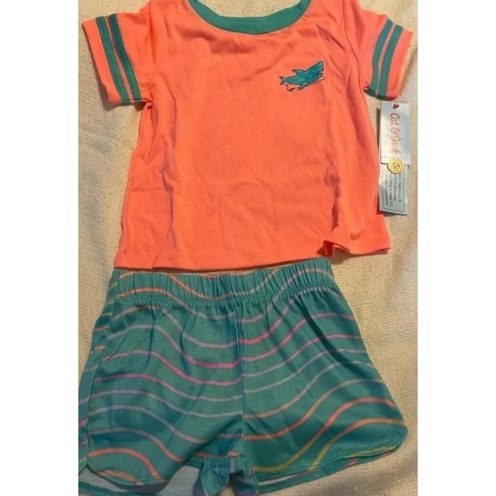 2 PACK! Cat & Jack GIRLS‎ Shark Pajama Set Coral Teal SUMMER SHORTS XL 14/16 NWT