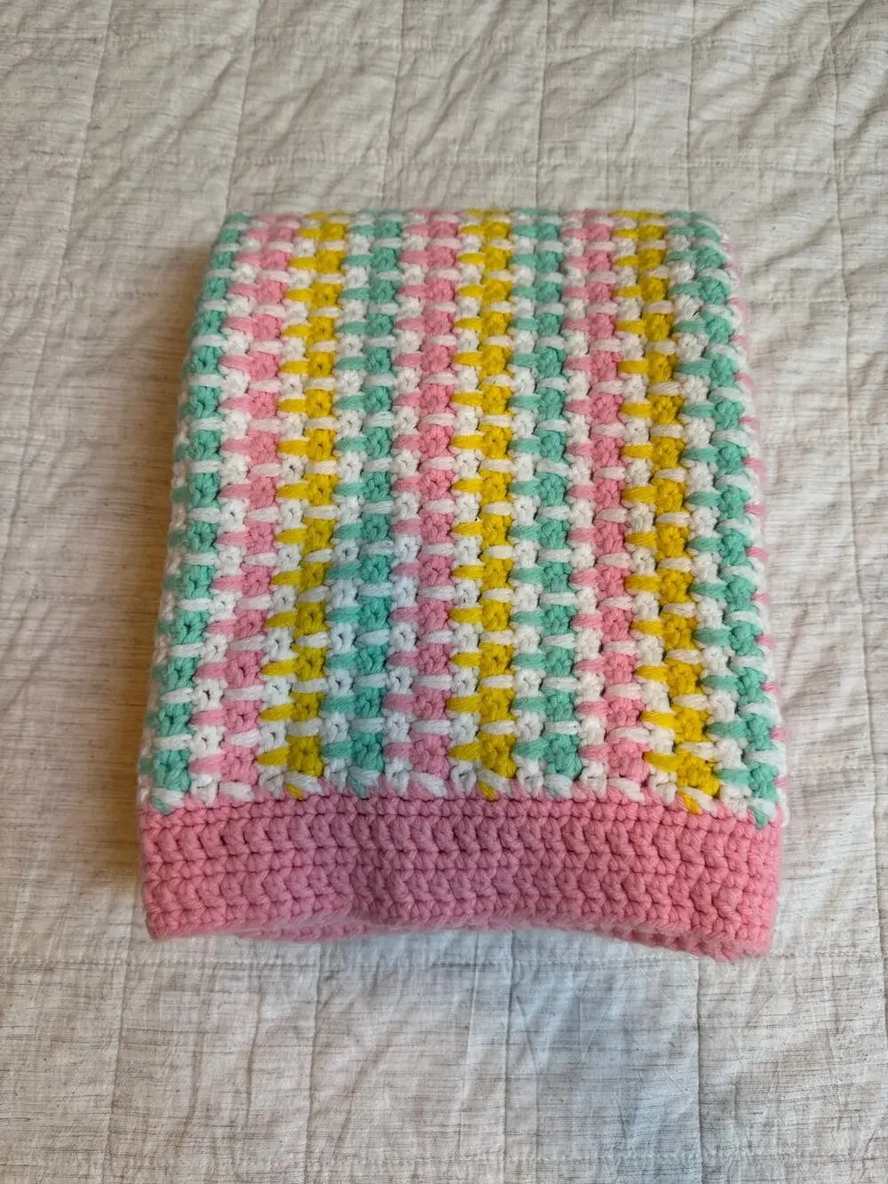 Handmade Crochet Unisex Baby Blanket Pink Yellow Blue Striped Pastels Granny VTG
