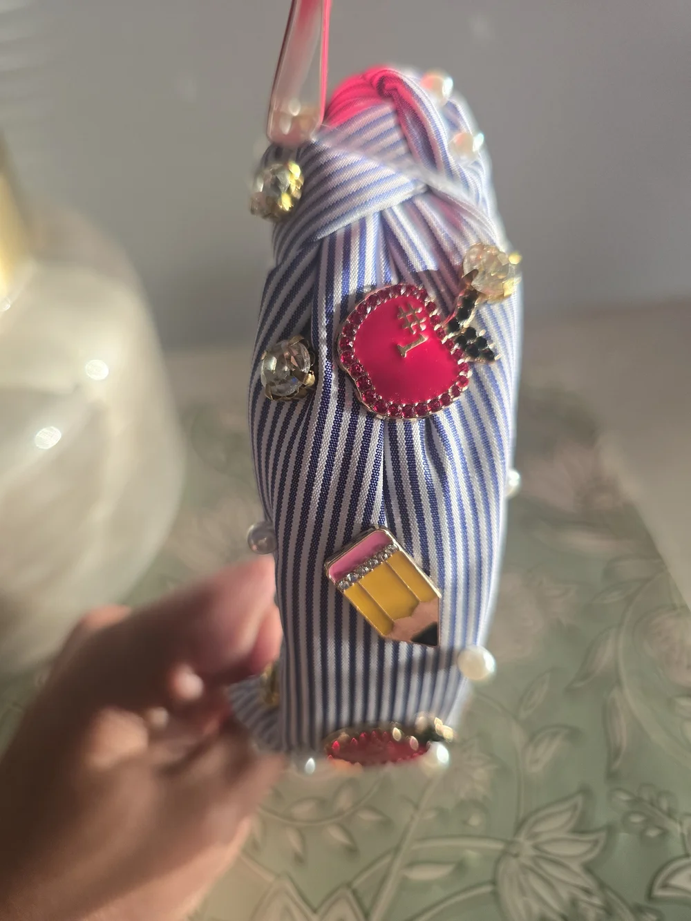 Piper K Striped Headband with Pencil, Apple, and Pearl Charms